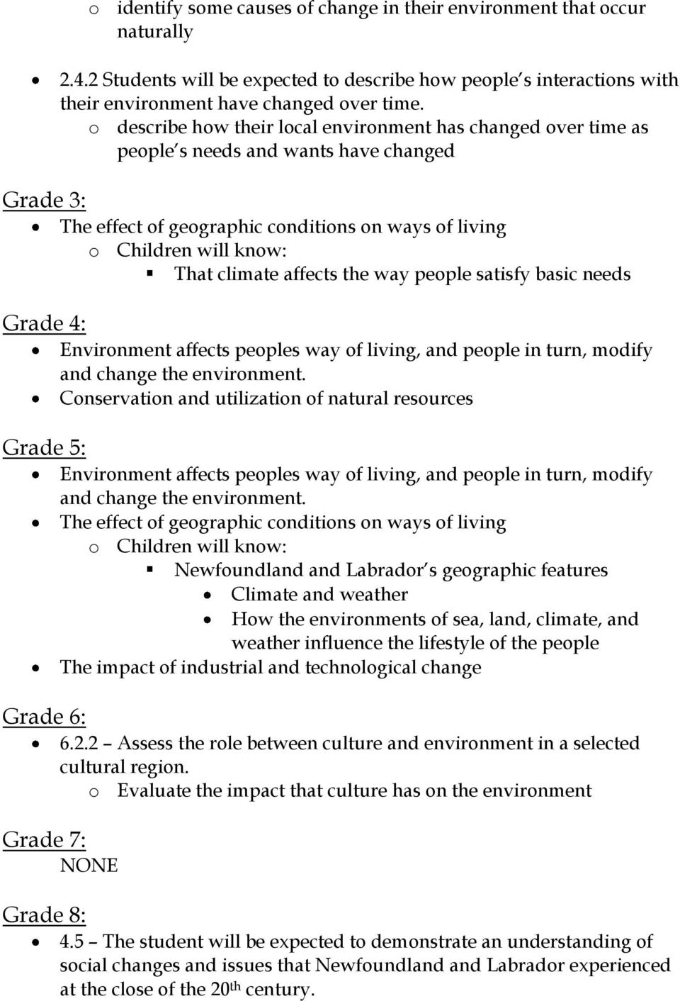 affects the way people satisfy basic needs Grade 4: Environment affects peoples way of living, and people in turn, modify and change the environment.