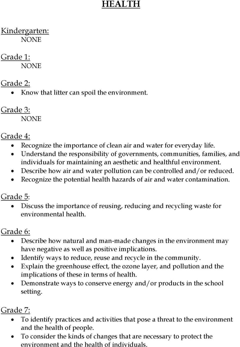 Describe how air and water pollution can be controlled and/or reduced. Recognize the potential health hazards of air and water contamination.