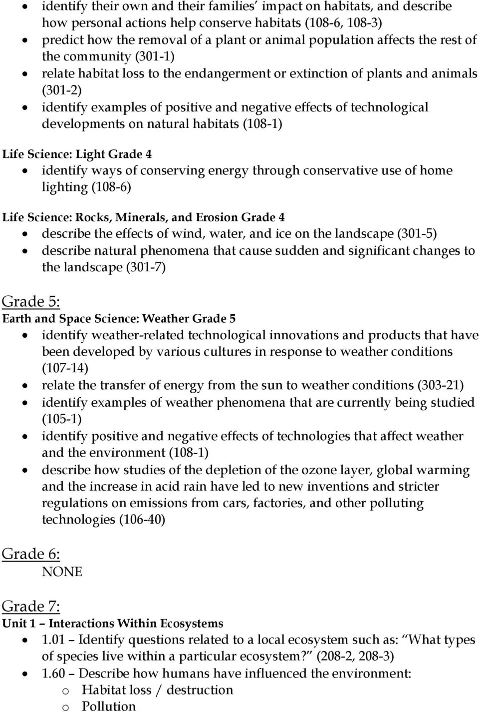 natural habitats (108-1) Life Science: Light Grade 4 identify ways of conserving energy through conservative use of home lighting (108-6) Life Science: Rocks, Minerals, and Erosion Grade 4 describe