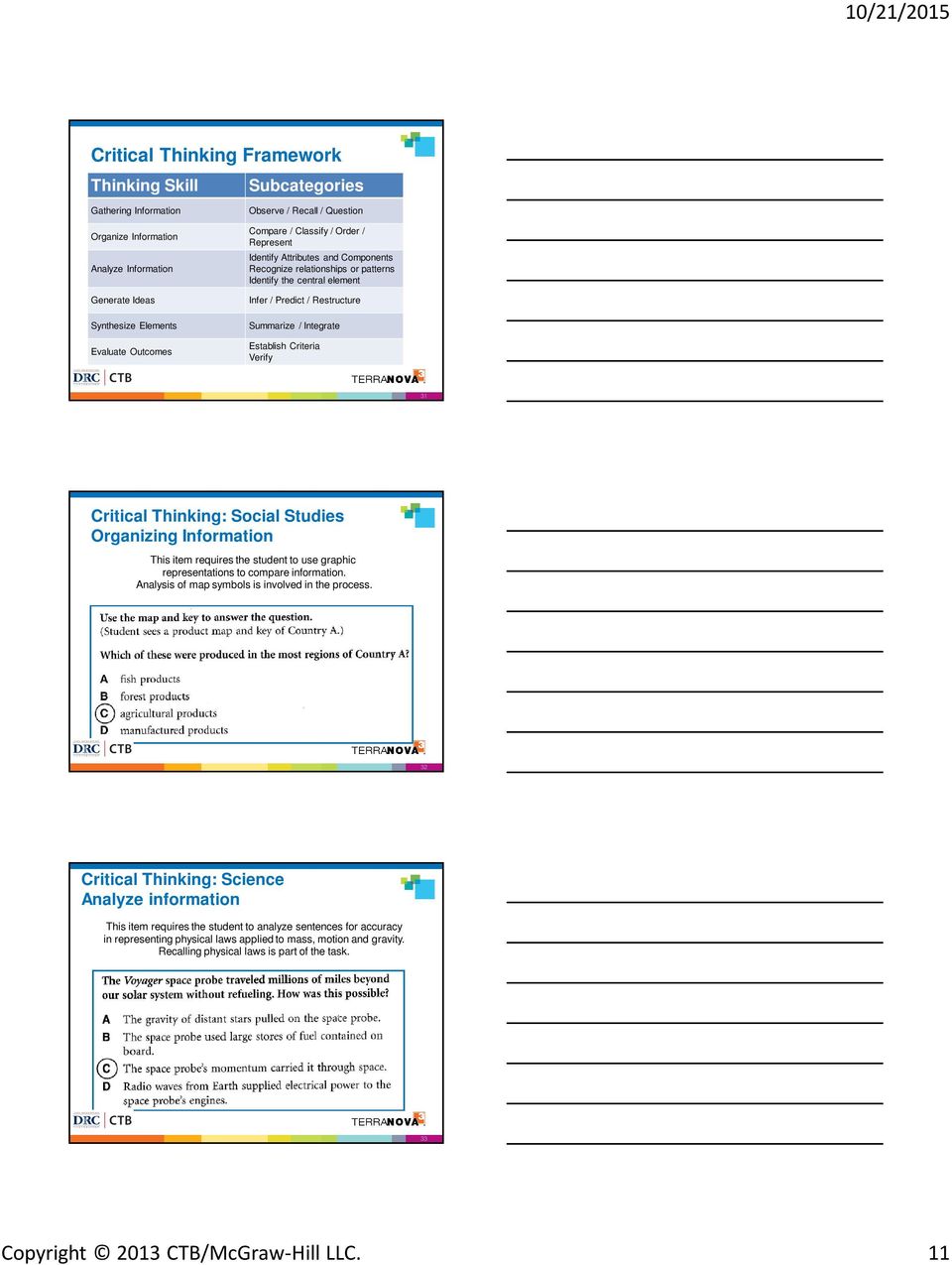 Establish Criteria Verify 31 Critical Thinking: Social Studies Organizing Information This item requires the student to use graphic representations to compare information.