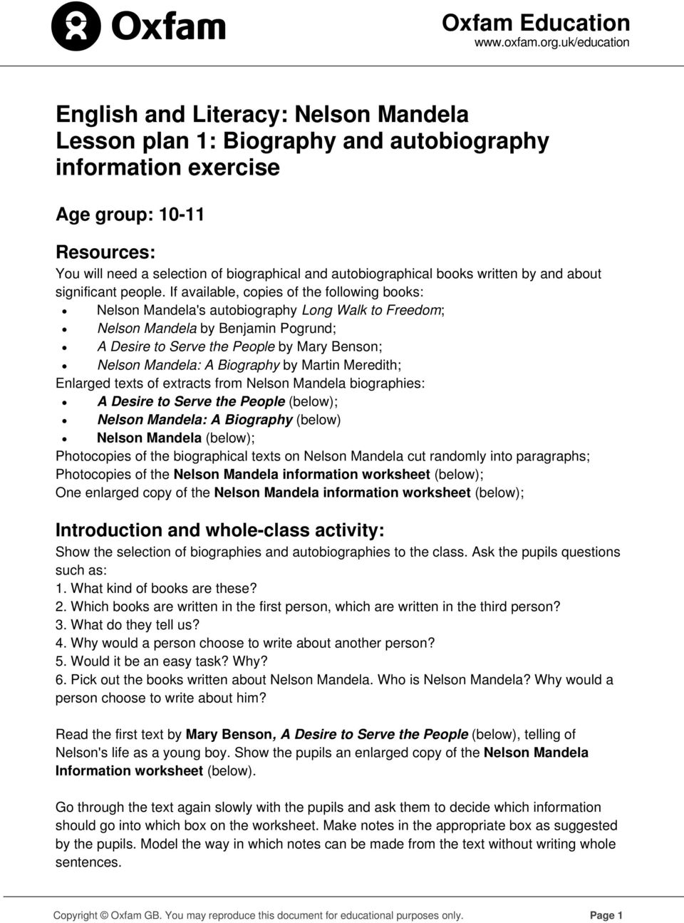 English And Literacy Nelson Mandela Lesson Plan 1 Biography And Autobiography Information Exercise Pdf Free Download