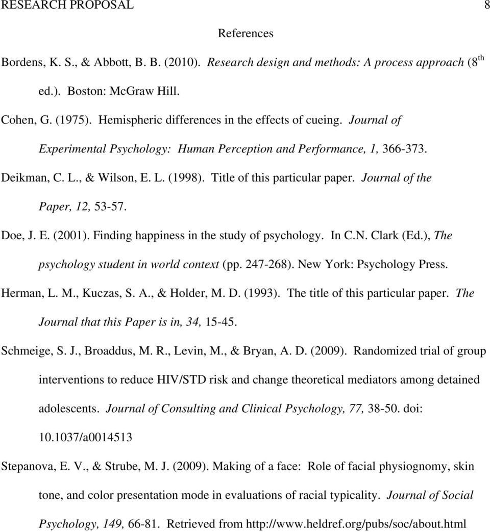 Title of this particular paper. Journal of the Paper, 12, 53-57. Doe, J. E. (2001). Finding happiness in the study of psychology. In C.N. Clark (Ed.), The psychology student in world context (pp.