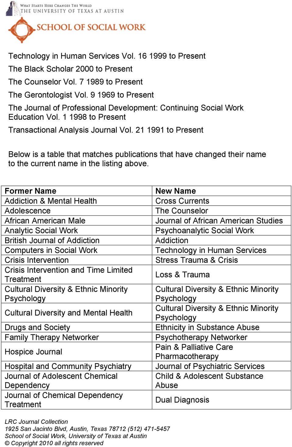 21 1991 to Present Below is a table that matches publications that have changed their name to the current name in the listing above.