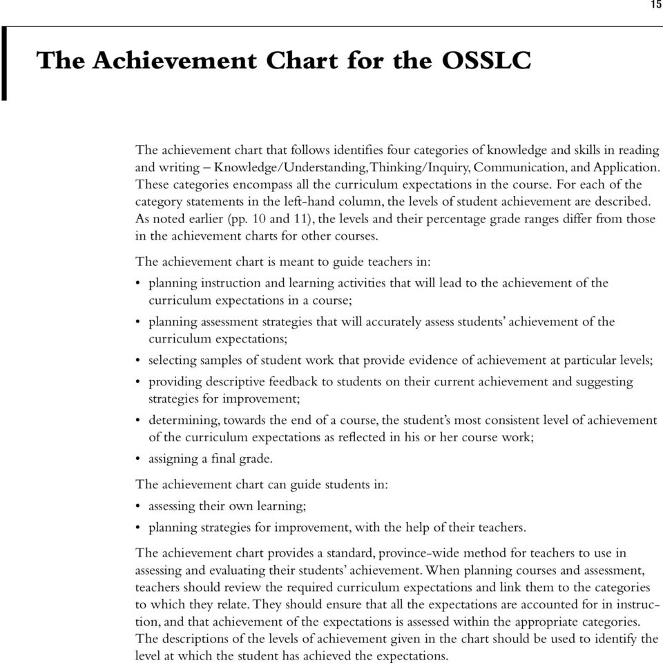 For each of the category statements in the left-hand column, the levels of student achievement are described. As noted earlier (pp.