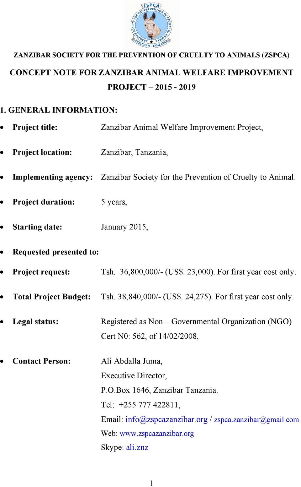 CONCEPT NOTE FOR ZANZIBAR ANIMAL WELFARE IMPROVEMENT PROJECT Project title:  Zanzibar Animal Welfare Improvement Project, - PDF Free Download