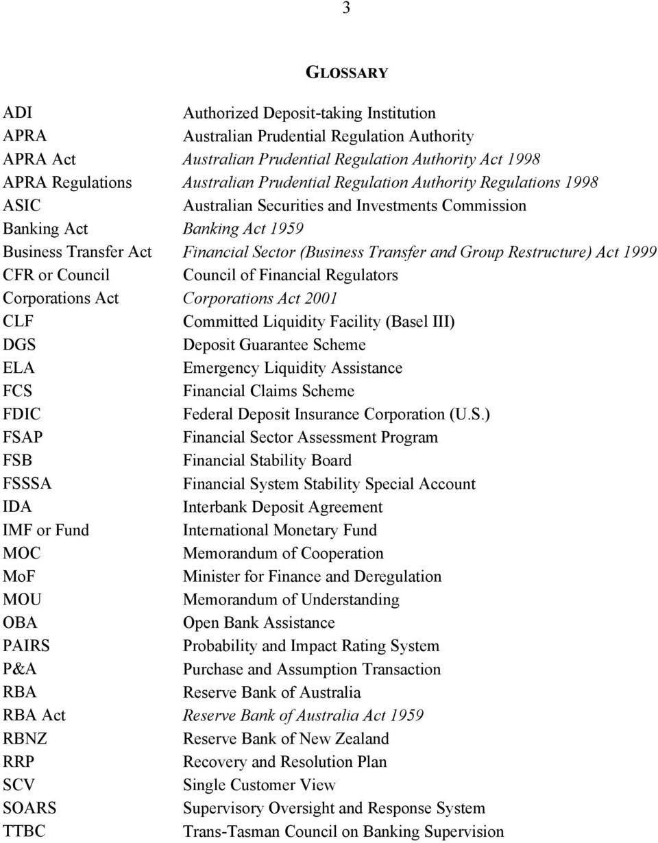 Authority Regulations 1998 Australian Securities and Investments Commission Banking Act 1959 Financial Sector (Business Transfer and Group Restructure) Act 1999 Council of Financial Regulators
