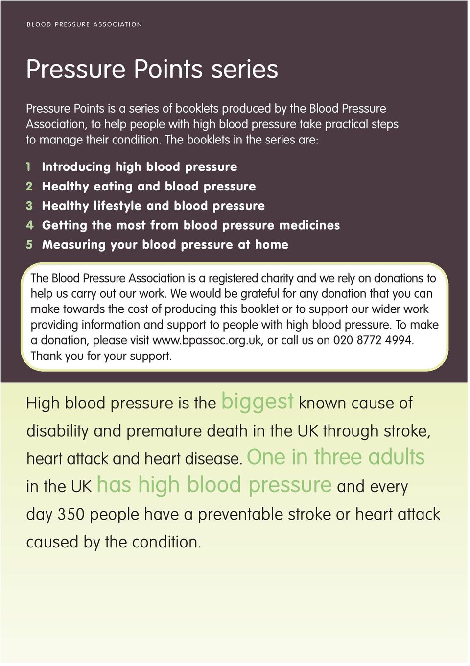 The booklets in the series are: 1 Introducing high blood pressure 2 Healthy eating and blood pressure 3 Healthy lifestyle and blood pressure 4 Getting the most from blood pressure medicines 5