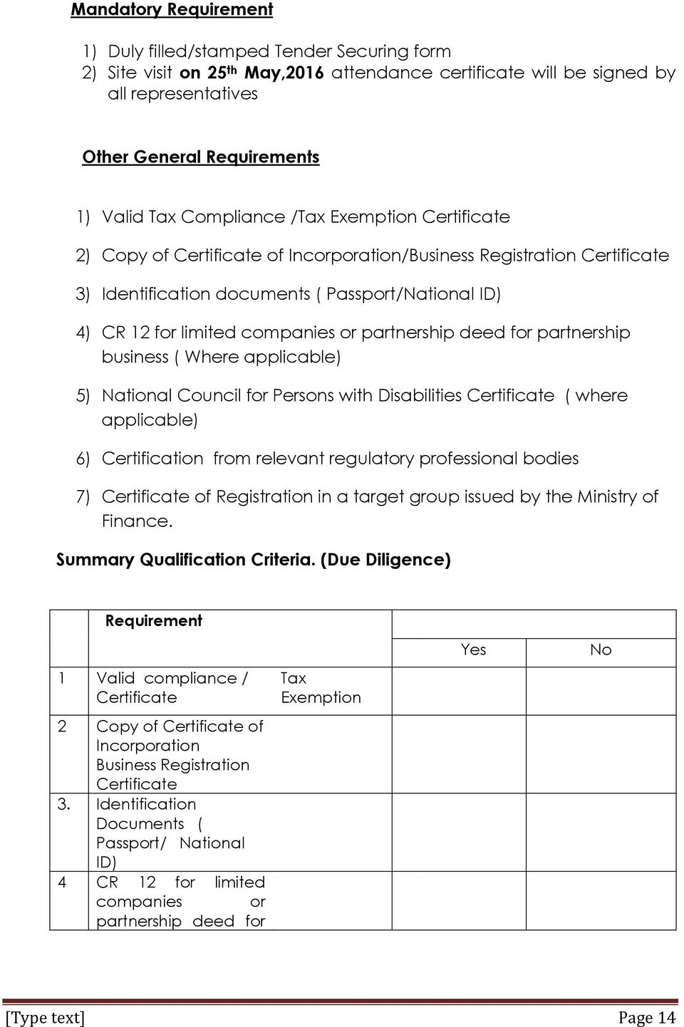 partnership deed for partnership business ( Where applicable) 5) National Council for Persons with Disabilities Certificate ( where applicable) 6) Certification from relevant regulatory professional