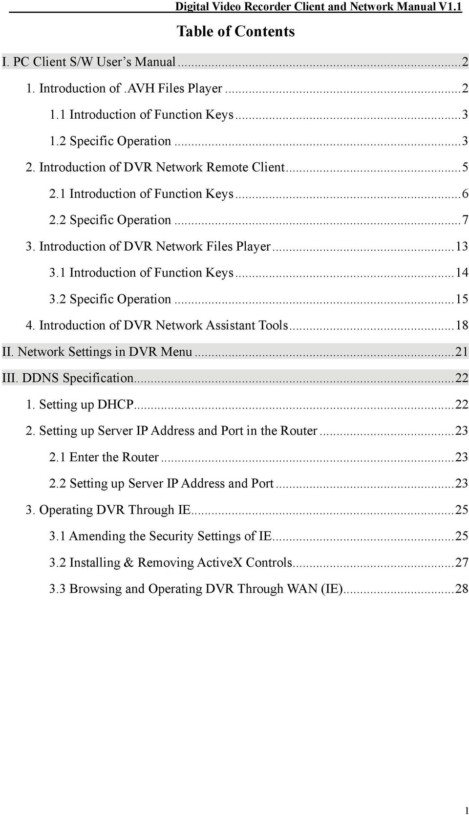 2 Specific Operation...15 4. Introduction of DVR Network Assistant Tools...18 II. Network Settings in DVR Menu...21 III. DDNS Specification...22 1. Setting up DHCP...22 2.