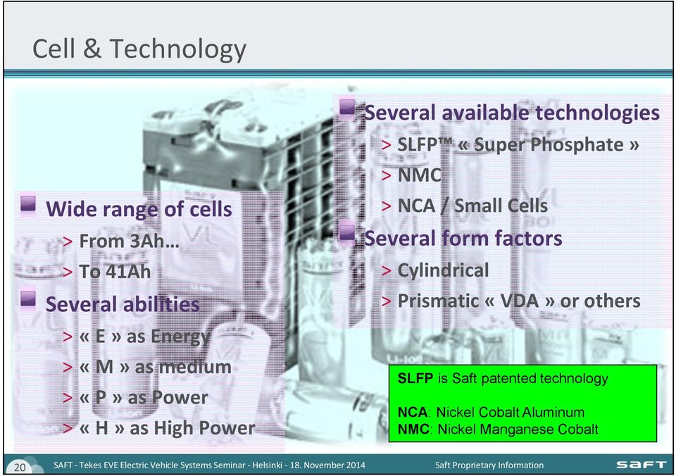 Phosphate» > NMC > NCA / Small Cells Several form factors > Cylindrical > Prismatic «VDA» or