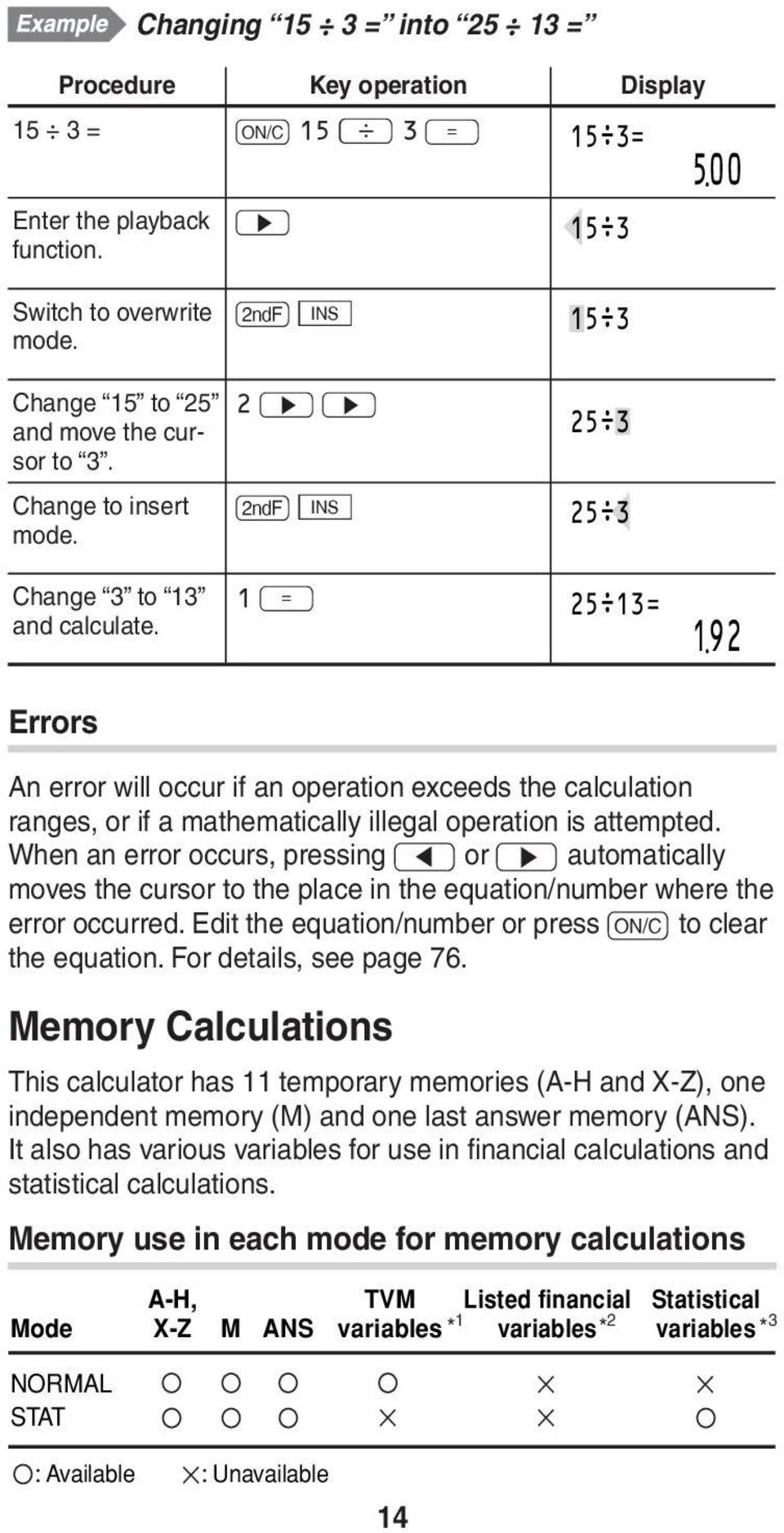 1 = 25 13= 192 Errors An error will occur if an operation exceeds the calculation ranges, or if a mathematically illegal operation is attempted.