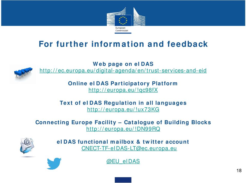 eu/!ux73kg Connecting Europe Facility Catalogue of Building Blocks http://europa.eu/!dn99rq eidas functional mailbox & twitter account CNECT-TF-eIDAS-LT@ec.