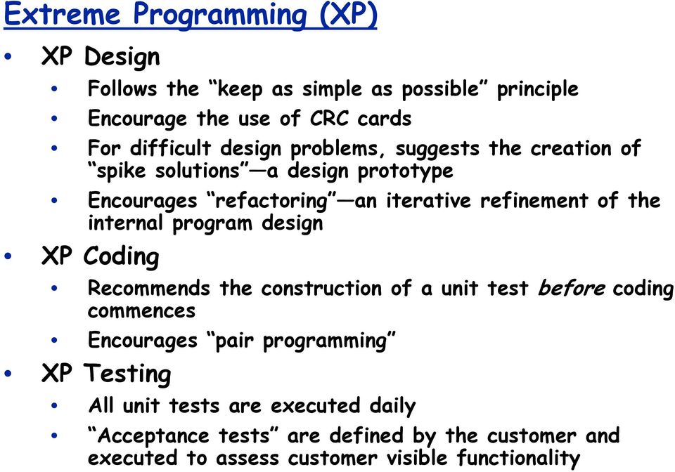 internal program design XP Coding Recommends the construction of a unit test before coding commences Encourages pair programming XP