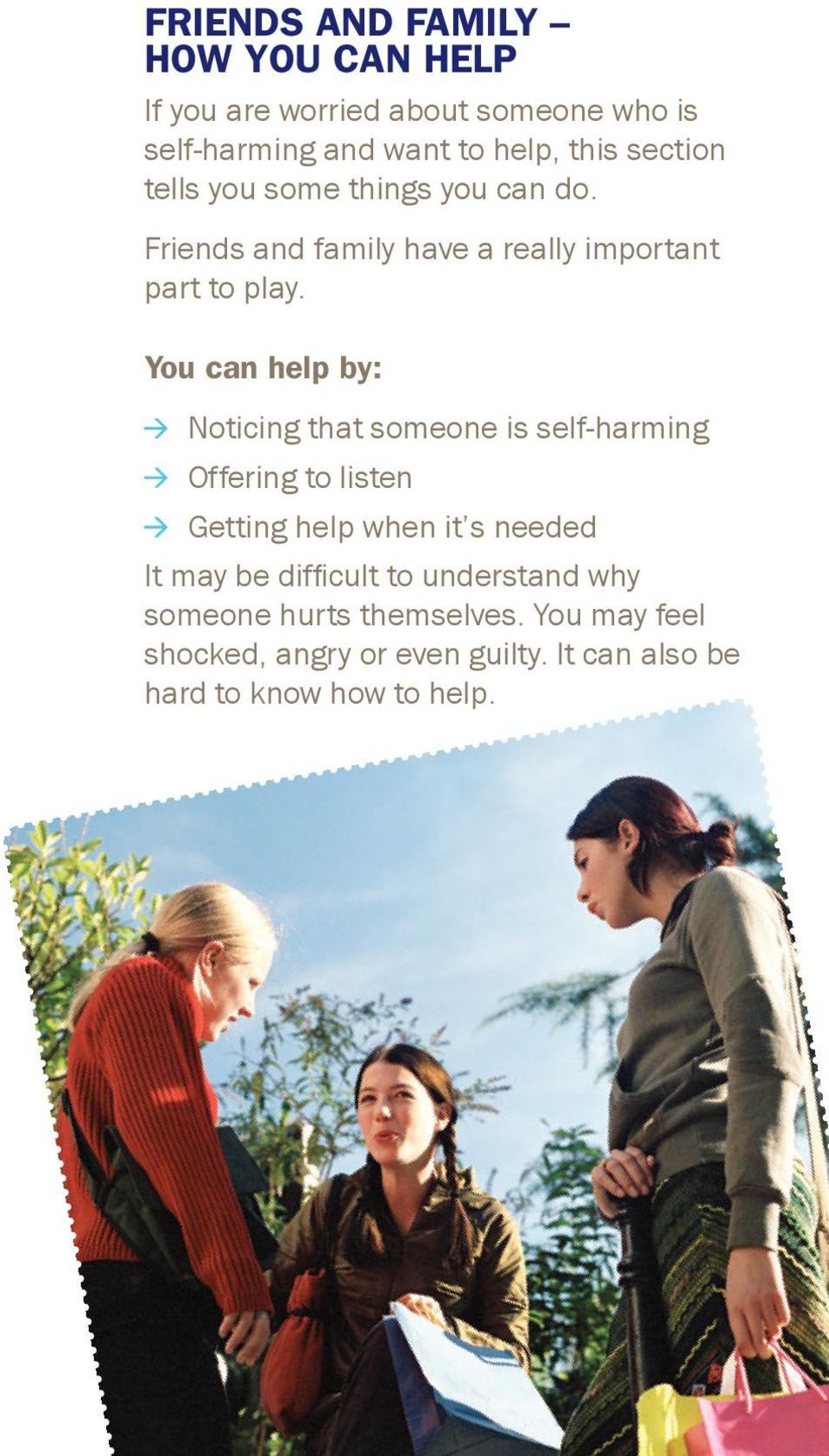 You can help by: Noticing that someone is self-harming Offering to listen Getting help when it s needed It may be