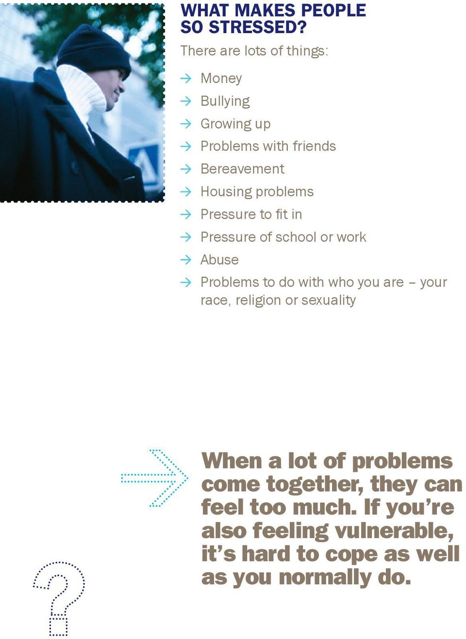 problems Pressure to fit in Pressure of school or work Abuse Problems to do with who you are your