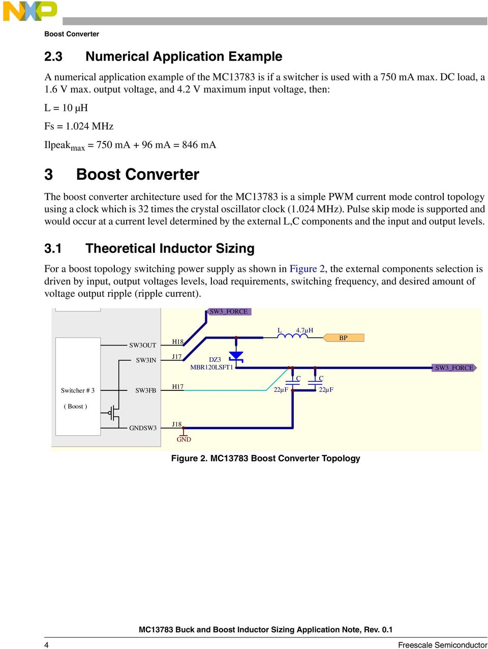 024 MHz Ilpeak max = 750 ma + 96 ma = 846 ma 3 Boost Converter The boost converter architecture used for the MC13783 is a simple PWM current mode control topology using a clock which is 32 times the