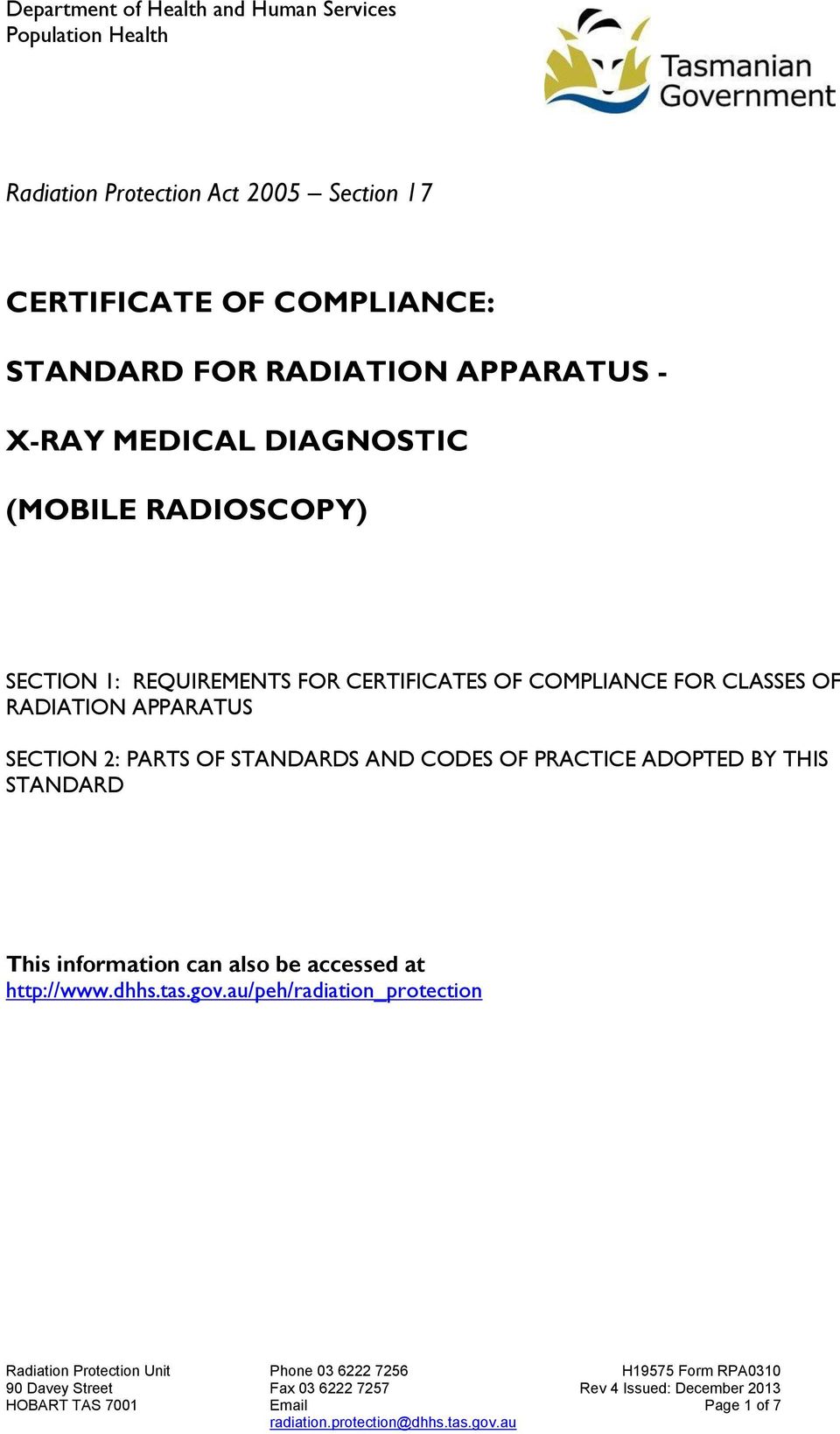 CERTIFICATES OF COMPLIANCE FOR CLASSES OF RADIATION APPARATUS SECTION 2: PARTS OF STANDARDS AND CODES OF PRACTICE