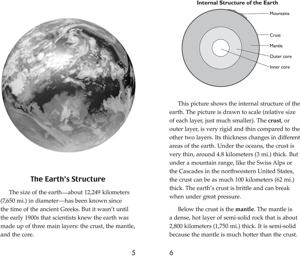 But it wasn t until the early 1900s that scientists knew the earth was made up of three main layers: the crust, the mantle, and the core. This picture shows the internal structure of the earth.