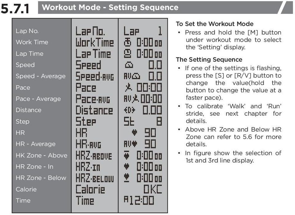 - Setting Sequence To Set the Workout Mode Press and hold the button under workout mode to select the Setting display.
