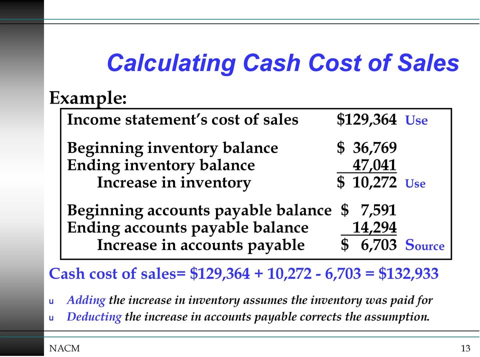 balance 14,294 Increase in accounts payable $ 6,703 Source Cash cost of sales= $129,364 + 10,272-6,703 = $132,933 u u Adding the