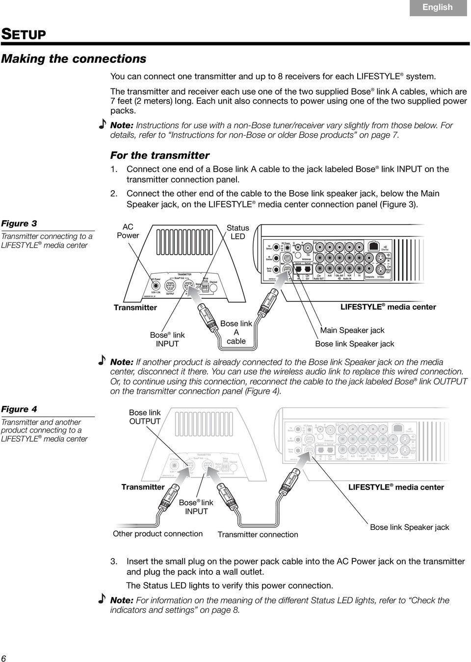 Note: Instructions for use with a non-bose tuner/receiver vary slightly from those below. For details, refer to Instructions for non-bose or older Bose products on page 7. For the transmitter 1.