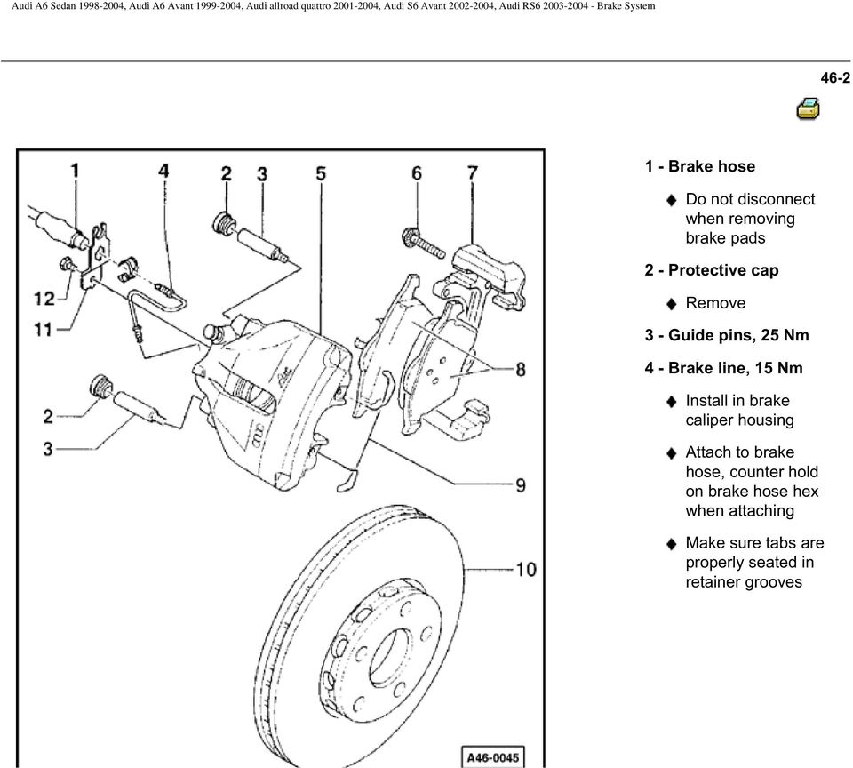 Install in brake caliper housing Attach to brake hose, counter hold on