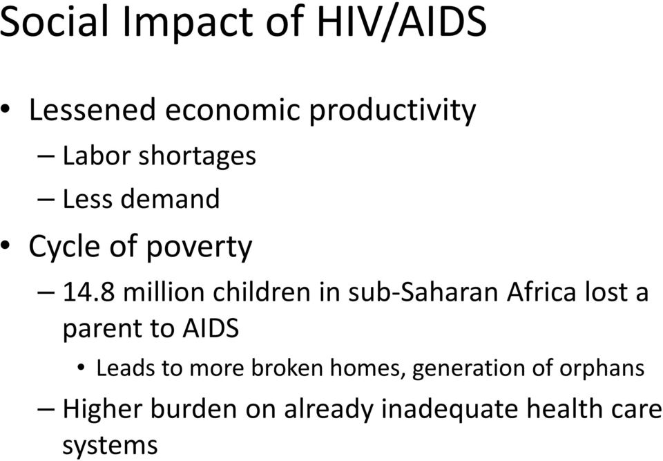 8 million children in sub-saharan Africa lost a parent to AIDS Leads