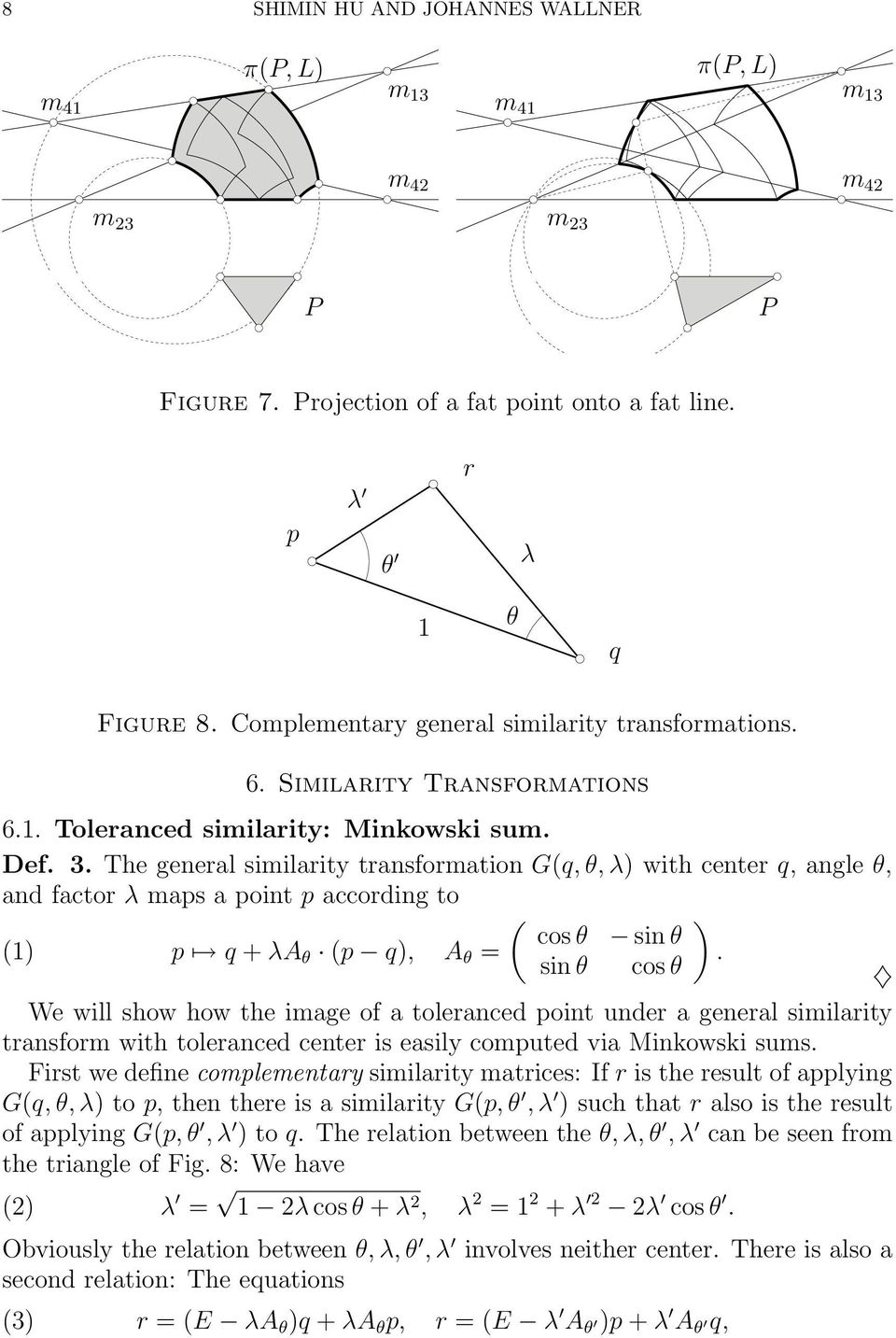 The general similarity transformation G(q, θ, λ) with center q, angle θ, and factor λ maps a point p according to ( ) cos θ sin θ (1) p q + λa θ (p q), A θ =.