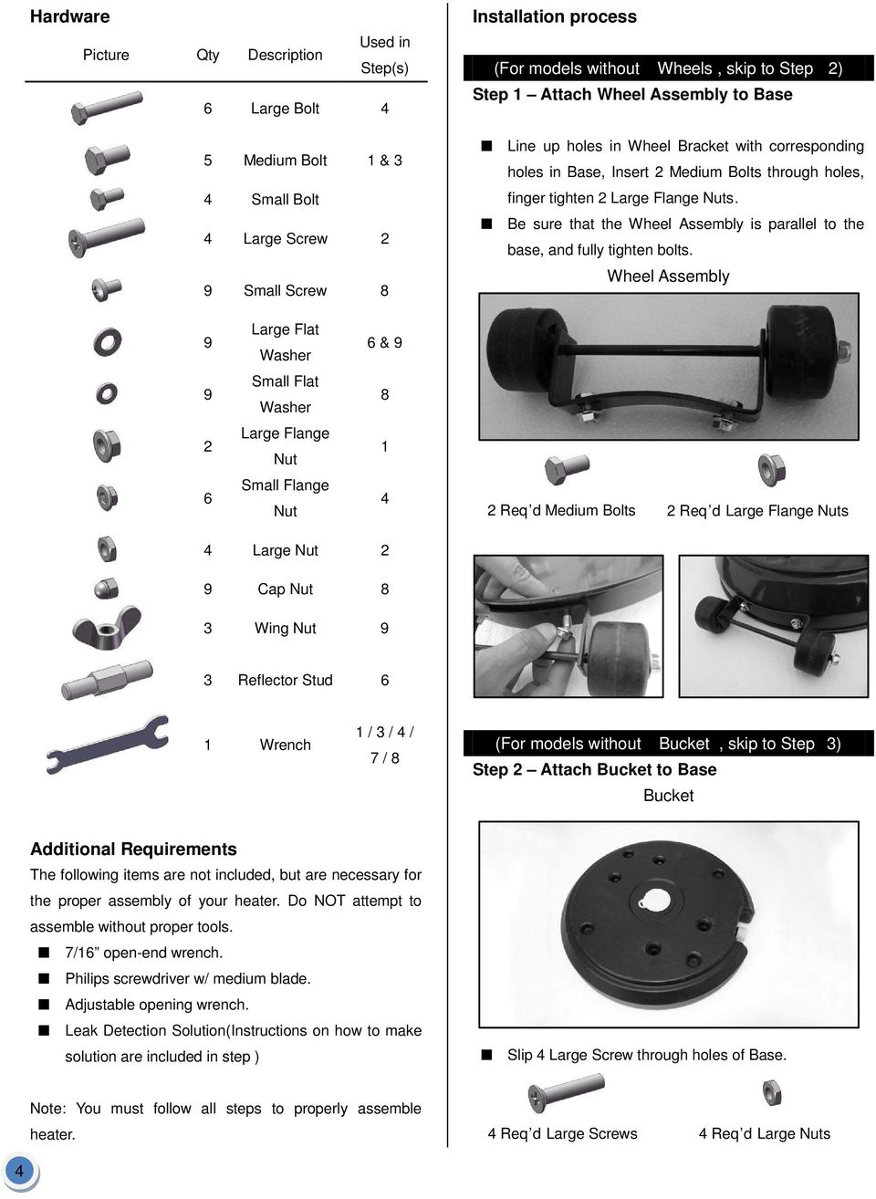 Assembly is parallel to the base, and fully tighten bolts Wheel Assembly 9 Large Flat Washer 6 & 9 9 Small Flat Washer 8 2 Large Flange Nut 1 6 Small Flange Nut 4 2 Req d Medium Bolts 2 Req d Large