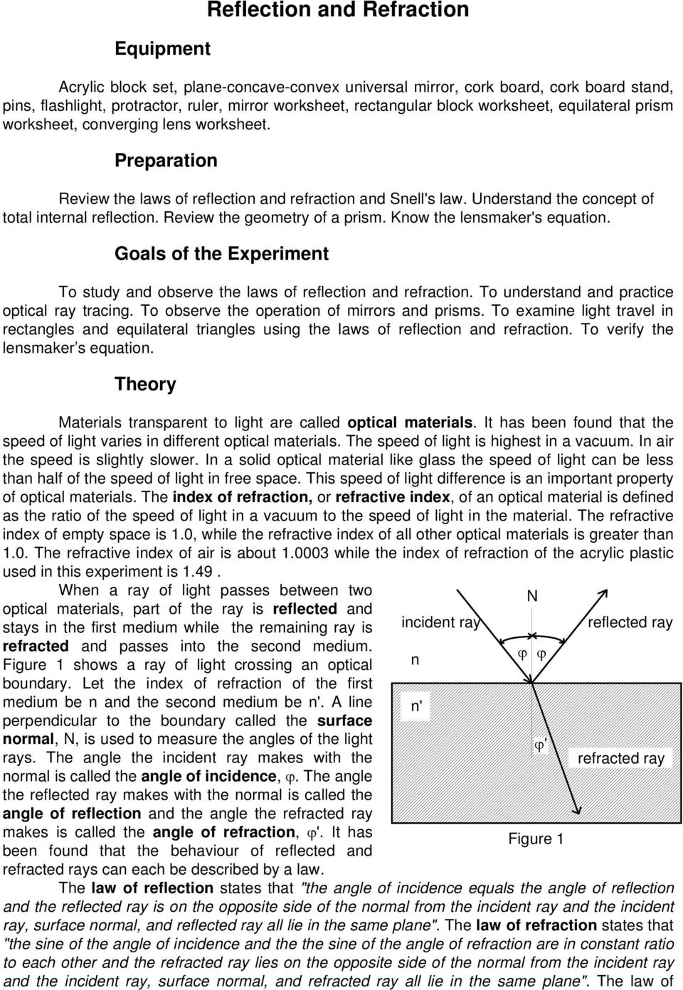 Review the geometry of a prism. Know the lensmaker's equation. Goals of the Experiment To study and observe the laws of reflection and refraction. To understand and practice optical ray tracing.
