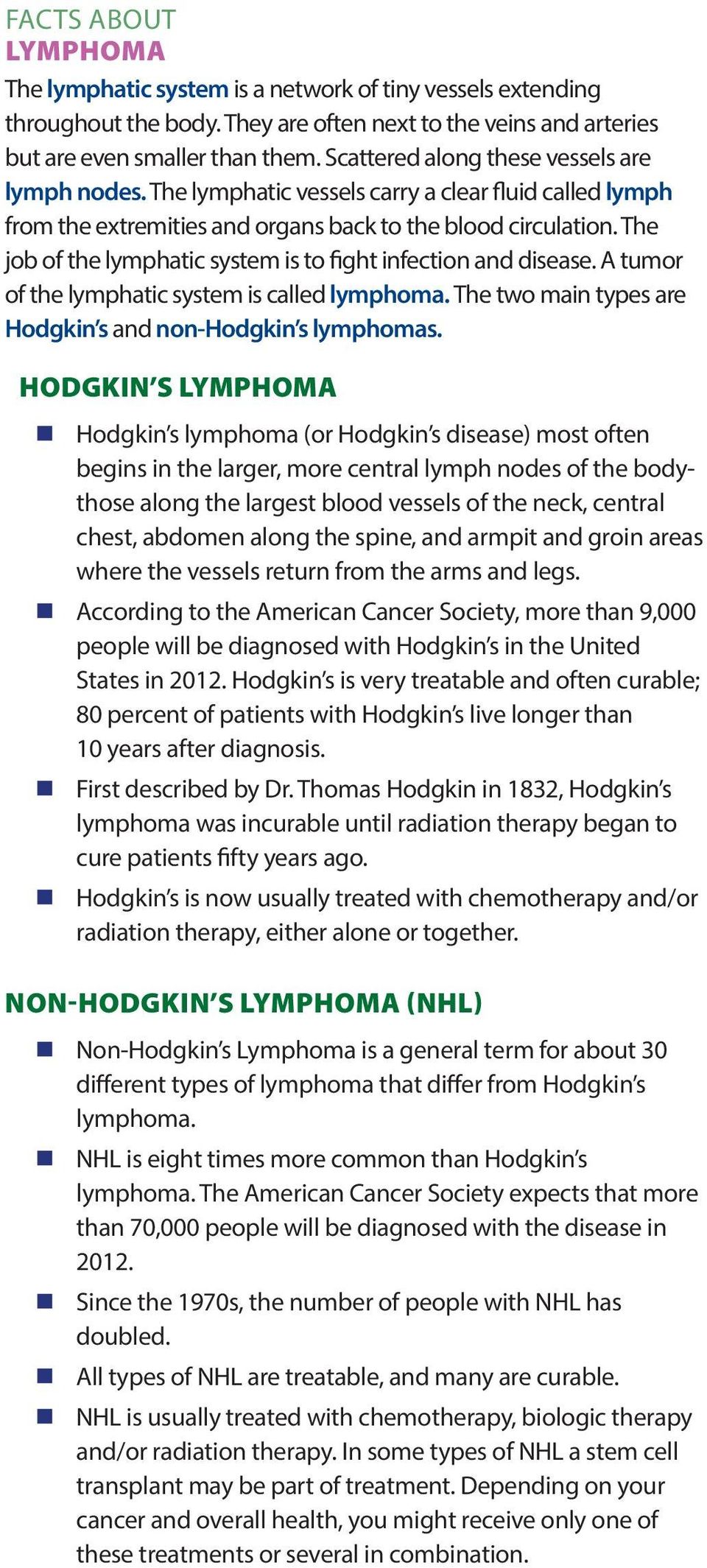 The job of the lymphatic system is to fight infection and disease. A tumor of the lymphatic system is called lymphoma. The two main types are Hodgkin s and non-hodgkin s lymphomas.