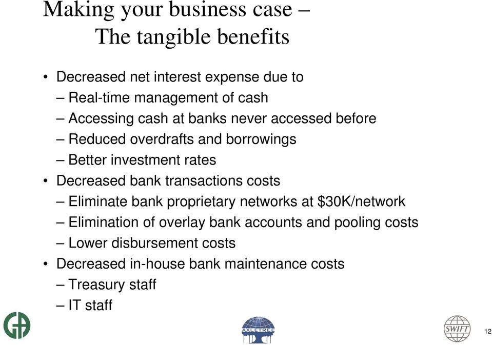 Decreased bank transactions costs Eliminate bank proprietary networks at $30K/network Elimination of overlay bank