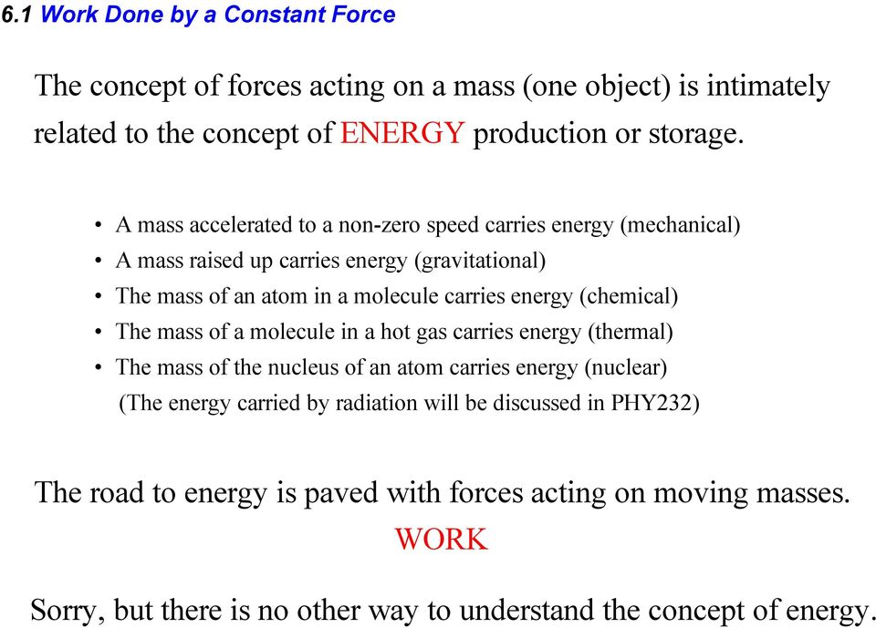 carries energy (chemical) The mass of a molecule in a hot gas carries energy (thermal) The mass of the nucleus of an atom carries energy (nuclear) (The