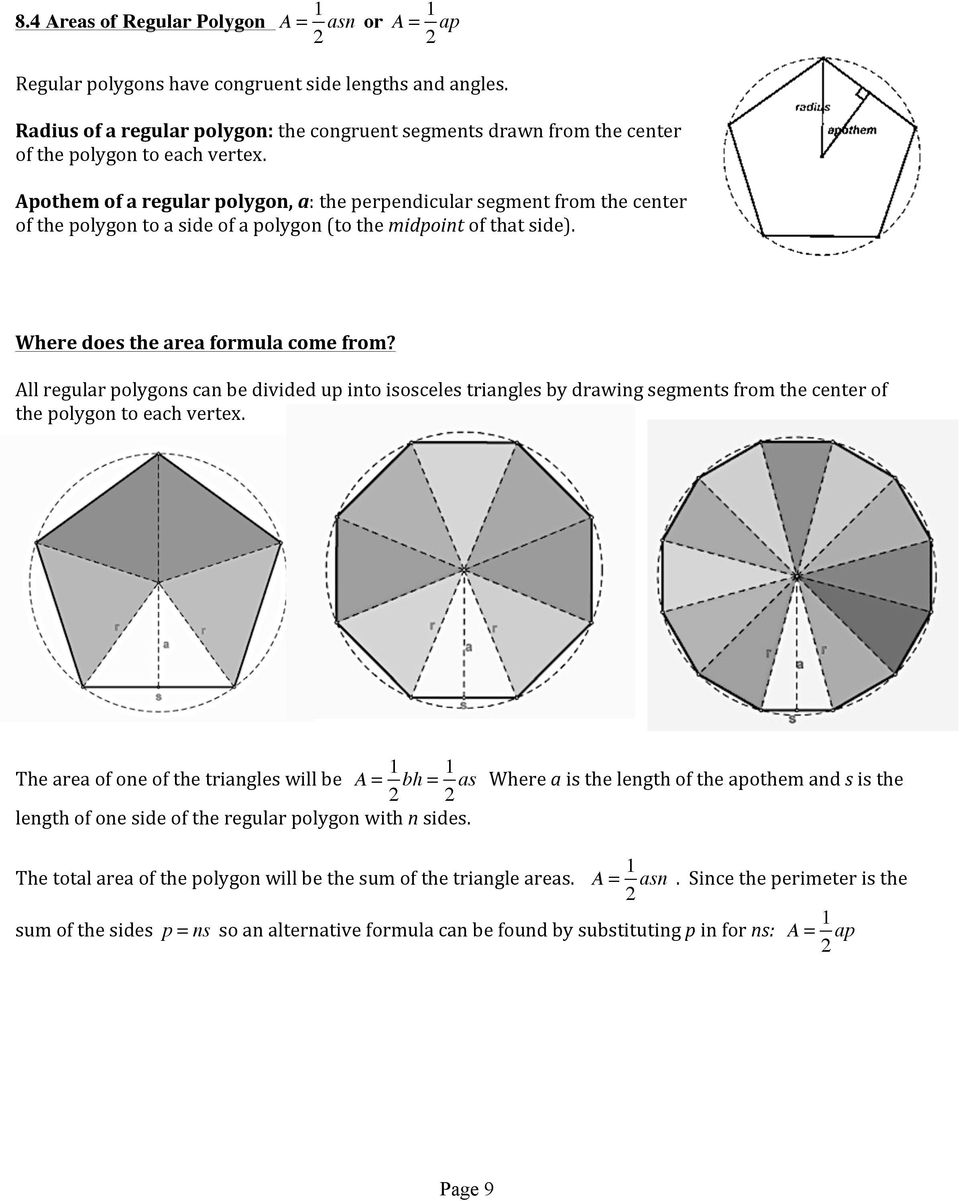 Apothem of a regular polygon, a: the perpendicular segment from the center of the polygon to a side of a polygon (to the midpoint of that side). Where does the area formula come from?