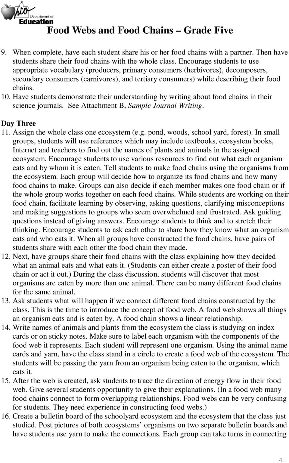 10. Have students demonstrate their understanding by writing about food chains in their science journals. See Attachment B, Sample Journal Writing. Day Three 11.