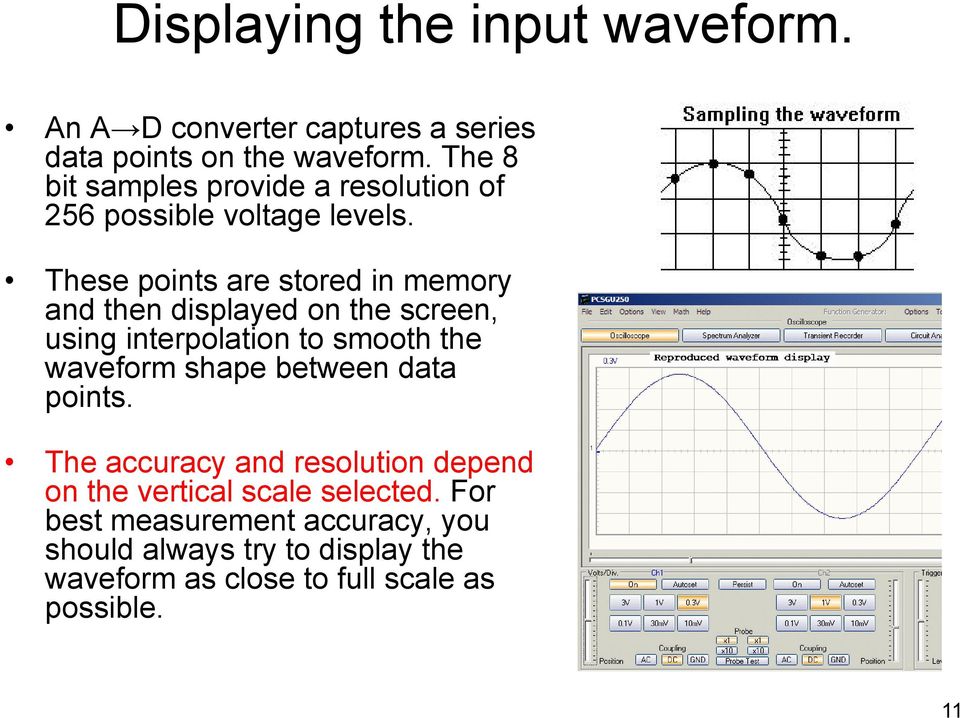 These points are stored in memory and then displayed on the screen, using interpolation to smooth the waveform shape