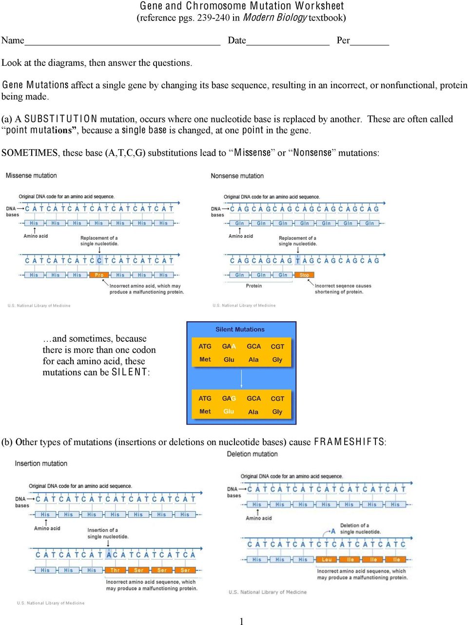 Gene and Chromosome Mutation Worksheet (reference pgs in Modern With Gene And Chromosome Mutation Worksheet
