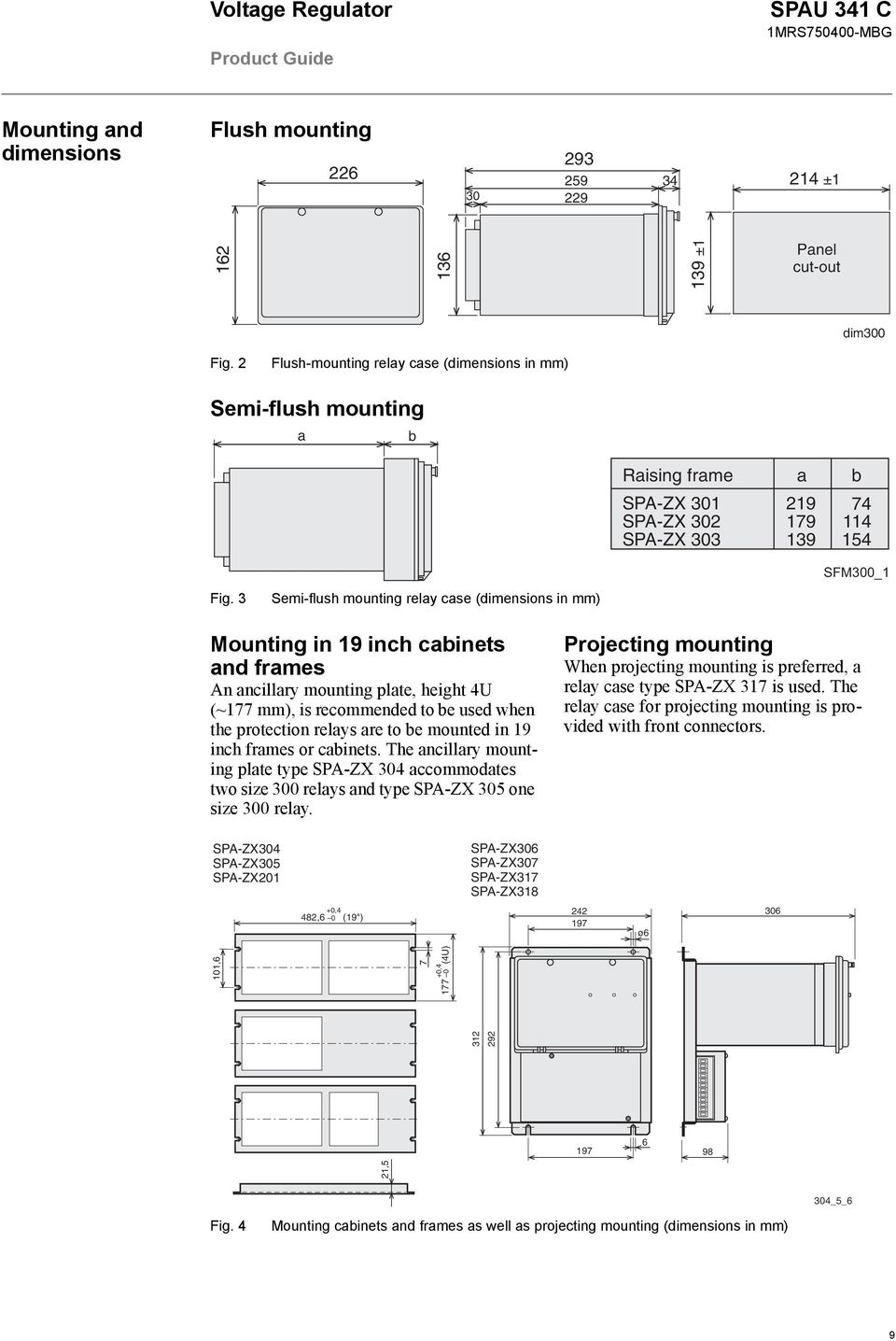 3 Semi-flush mounting relay case (dimensions in mm) Mounting in 19 inch cabinets and frames An ancillary mounting plate, height 4U (~177 mm), is recommended to be used when the protection relays are
