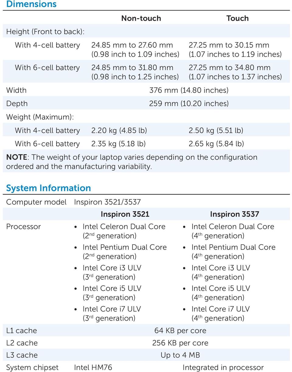 51 lb) With 6-cell battery 2.35 kg (5.18 lb) 2.65 kg (5.84 lb) NOTE: The weight of your laptop varies depending on the configuration ordered and the manufacturing variability.