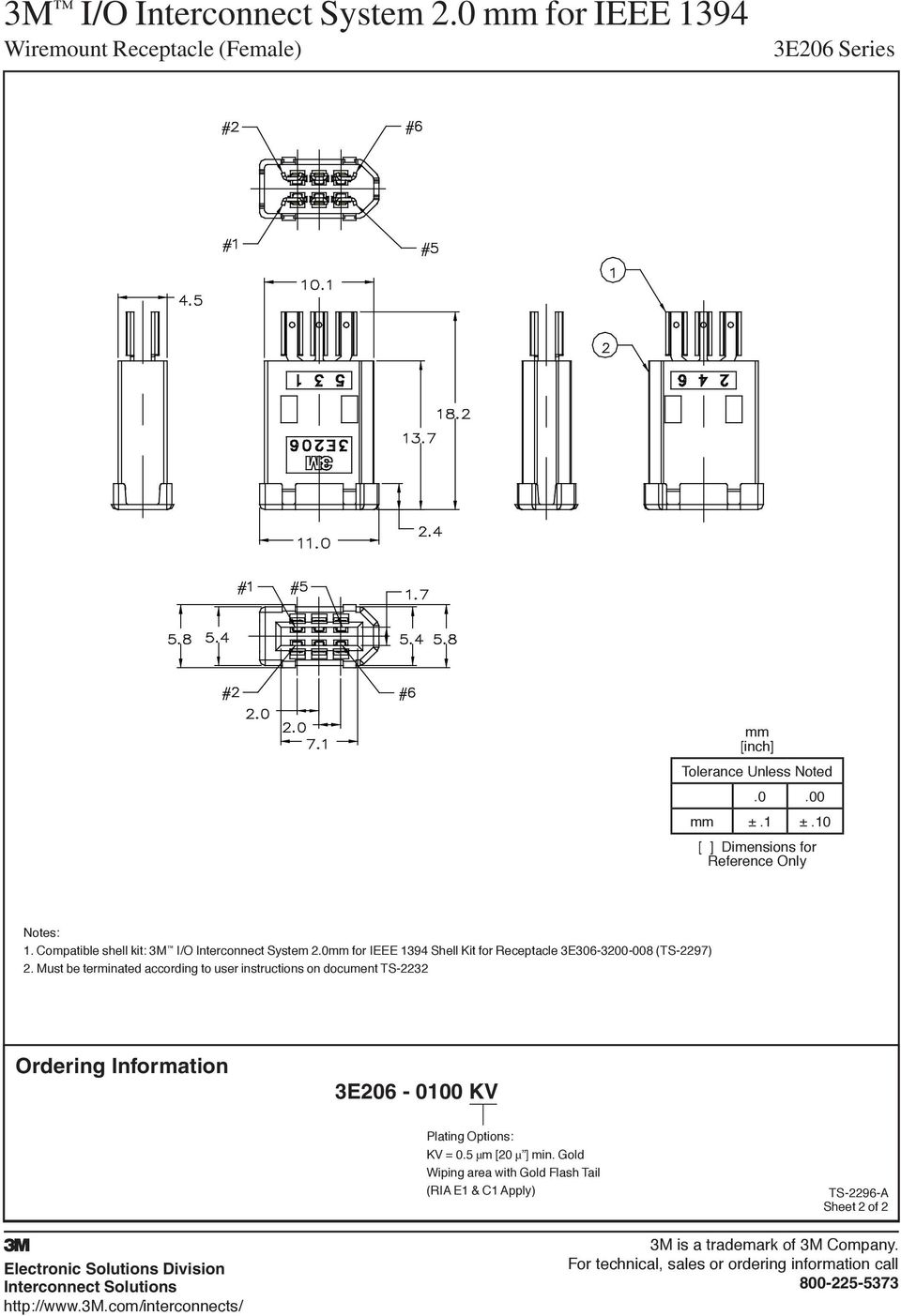 Must be terminated according to user instructions on document TS-222 Ordering Information E206-0100 KV Plating Options: KV = 0.5 µm [20 µ ] min.