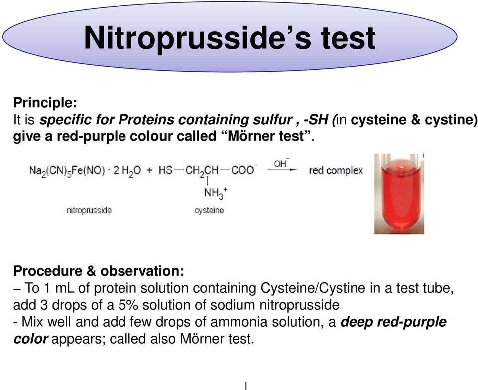 Procedure & observation: To 1 ml of protein solution containing Cysteine/Cystine in a test tube, add 3