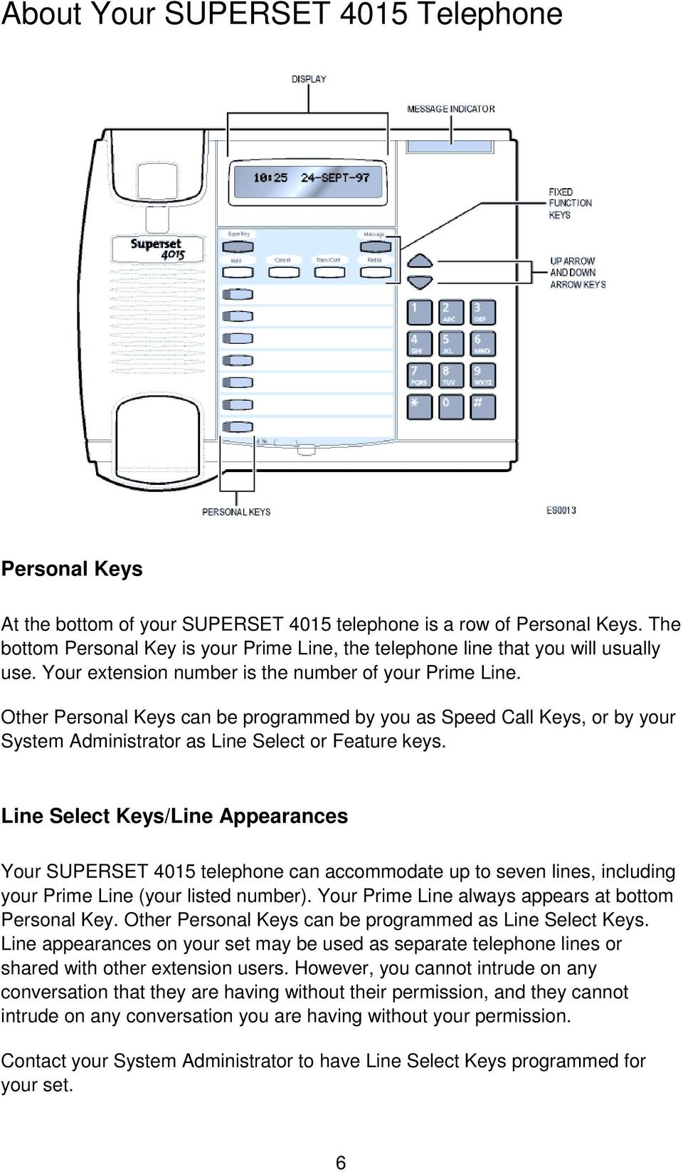 Other Personal Keys can be programmed by you as Speed Call Keys, or by your System Administrator as Line Select or Feature keys.