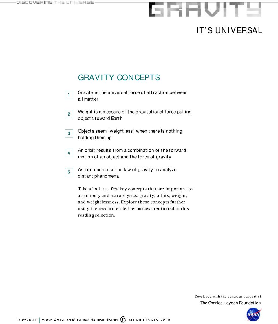 the law of gravity to analyze distant phenomena Take a look at a few key concepts that are important to astronomy and astrophysics: gravi ty, orbits, weight, and