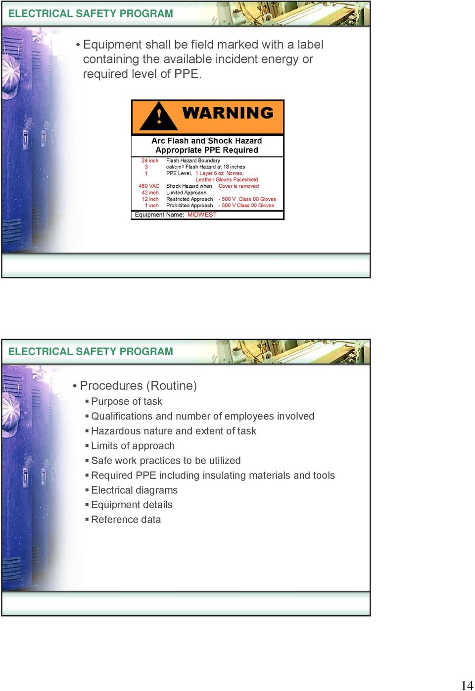 ELECTRICAL SAFETY PROGRAM Procedures (Routine) Purpose of task Qualifications and number of employees involved