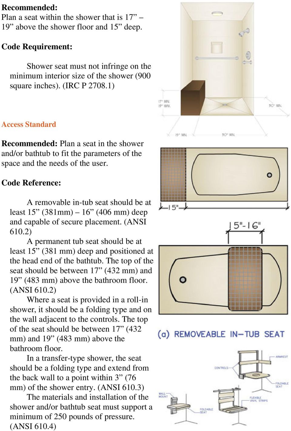A removable in-tub seat should be at least 15 (381mm) 16 (406 mm) deep and capable of secure placement. (ANSI 610.