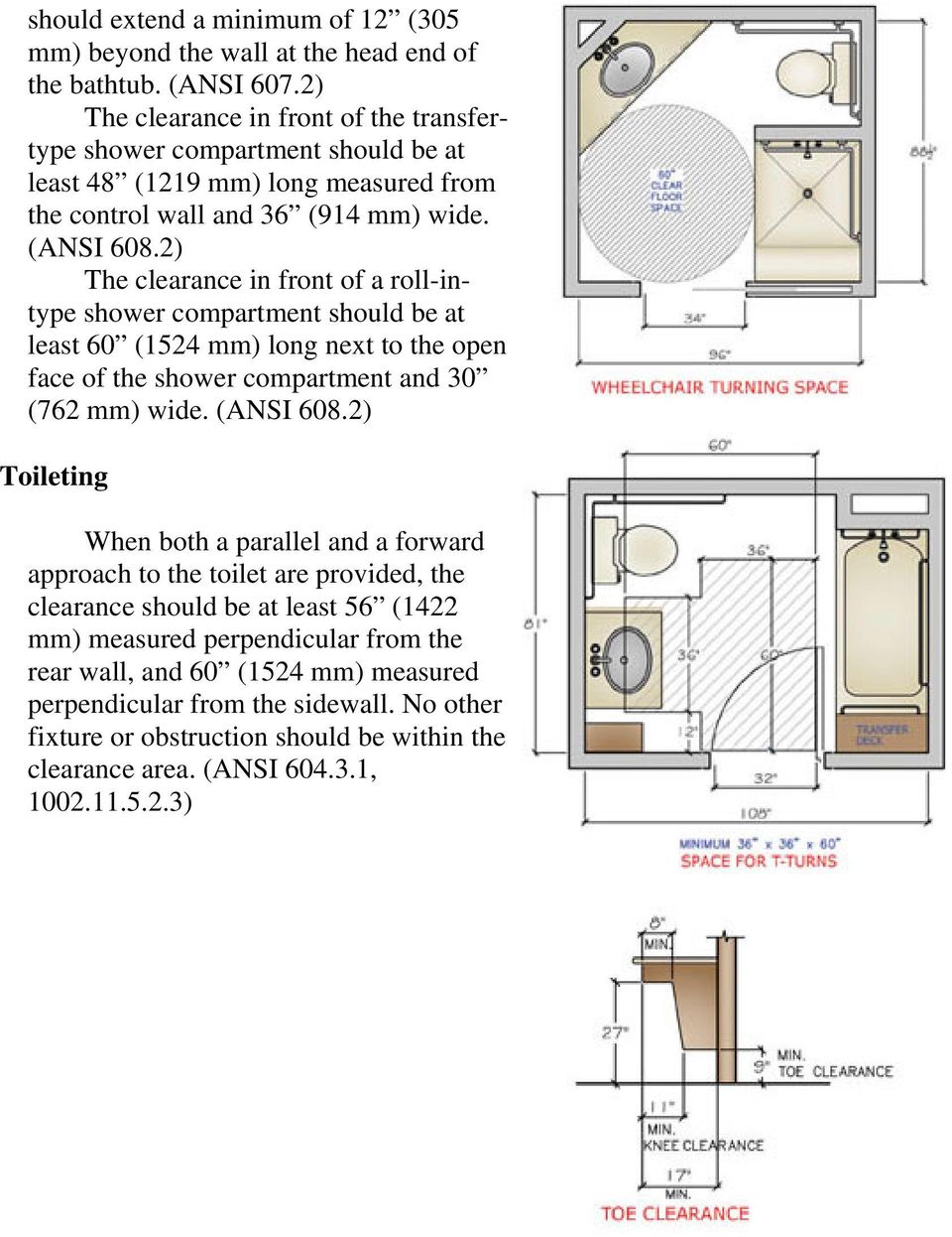 2) The clearance in front of a roll-intype shower compartment should be at least 60 (1524 mm) long next to the open face of the shower compartment and 30 (762 mm) wide. (ANSI 608.