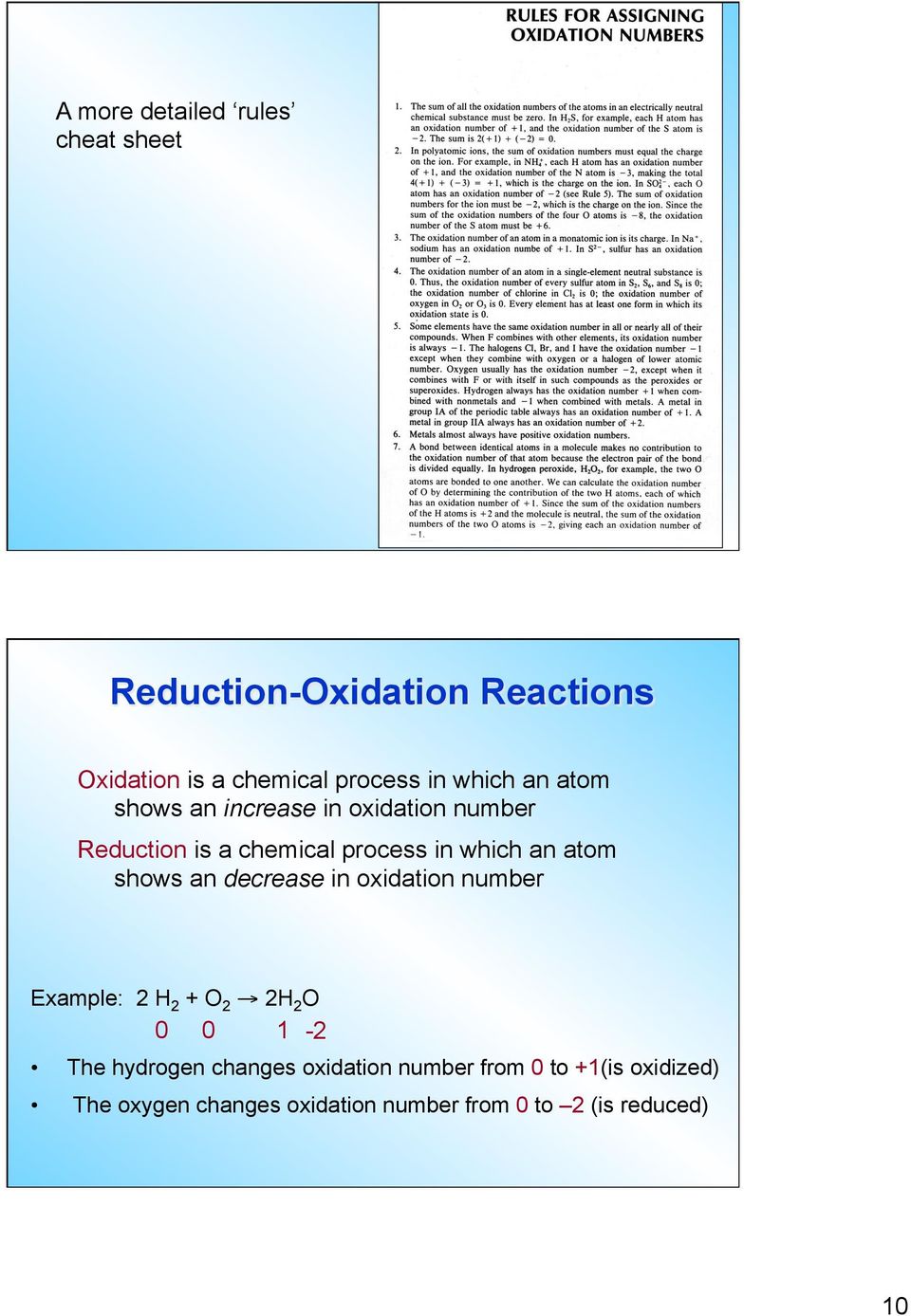 shows an decrease in oxidation number Example: 2 H 2 + O 2 2H 2 O 0 0 1-2 The hydrogen changes