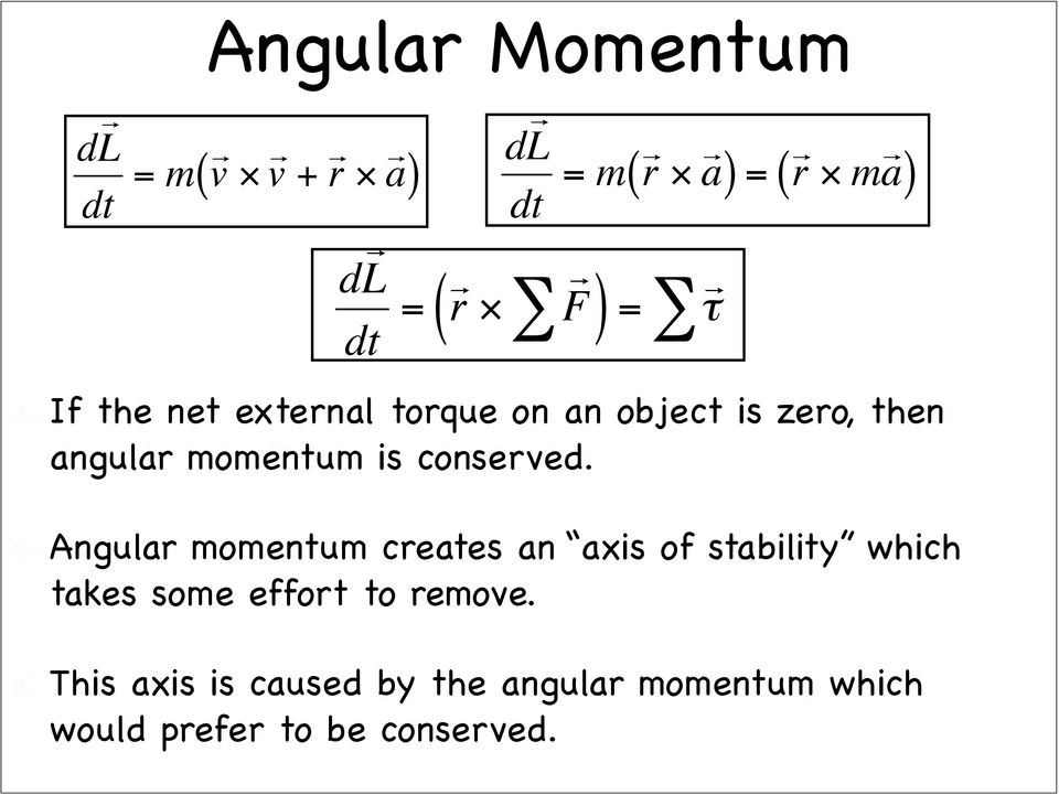 dl dt = r F ( ) = τ Angular momentum creates an axis of stability which takes some