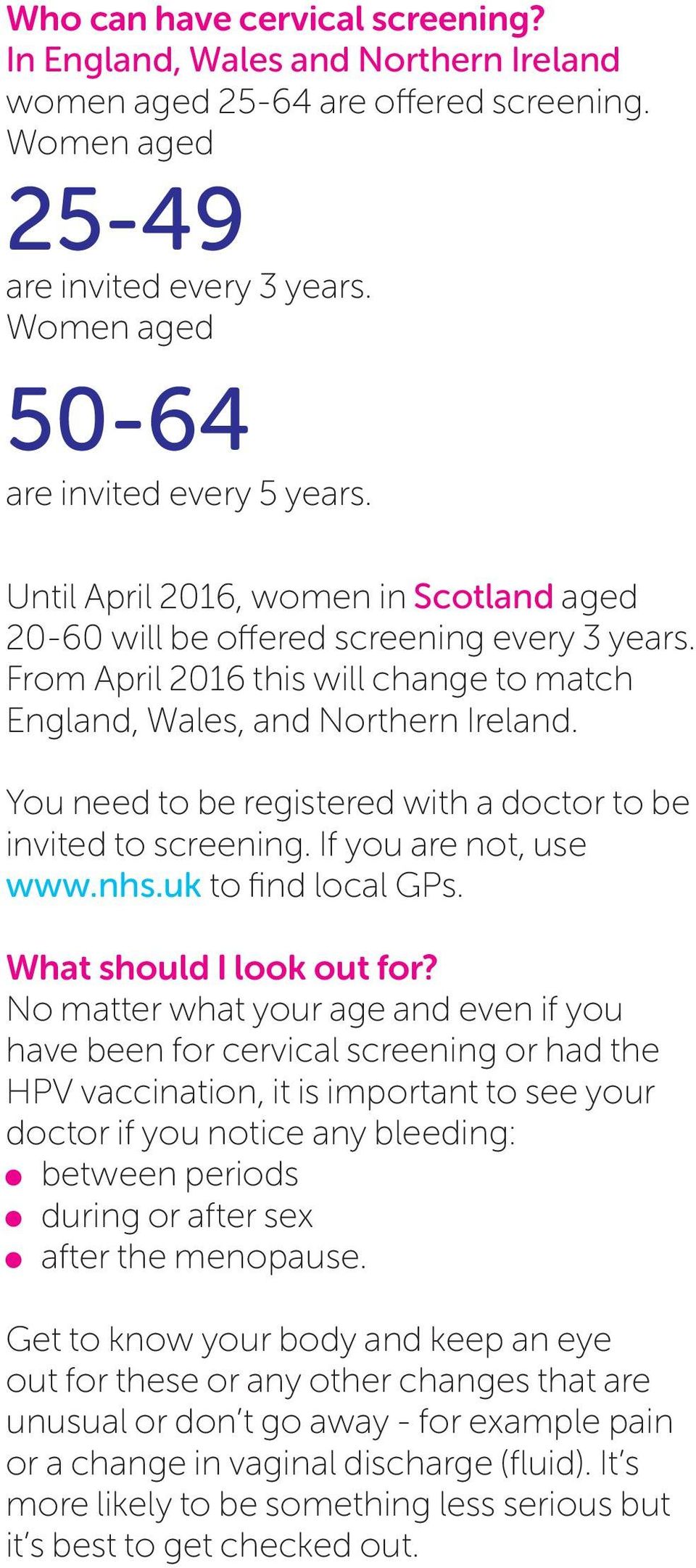 You need to be registered with a doctor to be invited to screening. If you are not, use www.nhs.uk to find local GPs. What should I look out for?