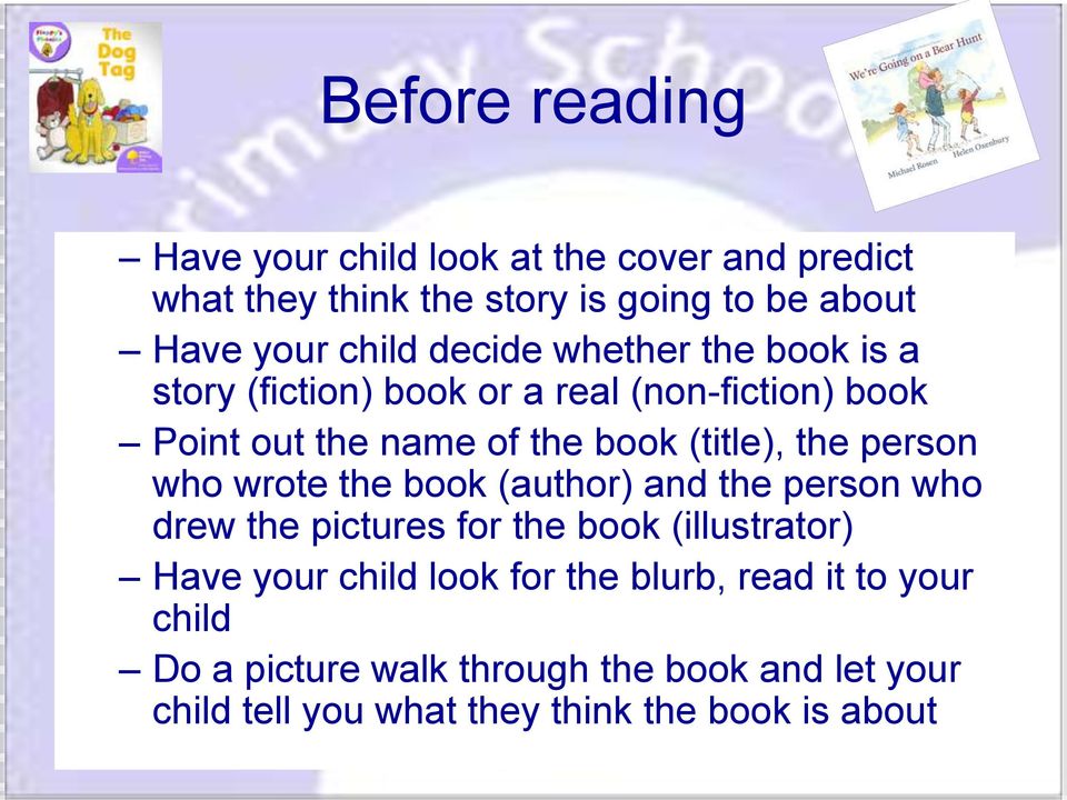 person who wrote the book (author) and the person who drew the pictures for the book (illustrator) Have your child look for